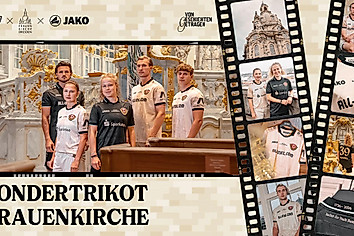 Eine Grafik, die das Sondertrikot von Dynamo Dresden und Frauenkirche in verschiedenen Facetten zeigt.