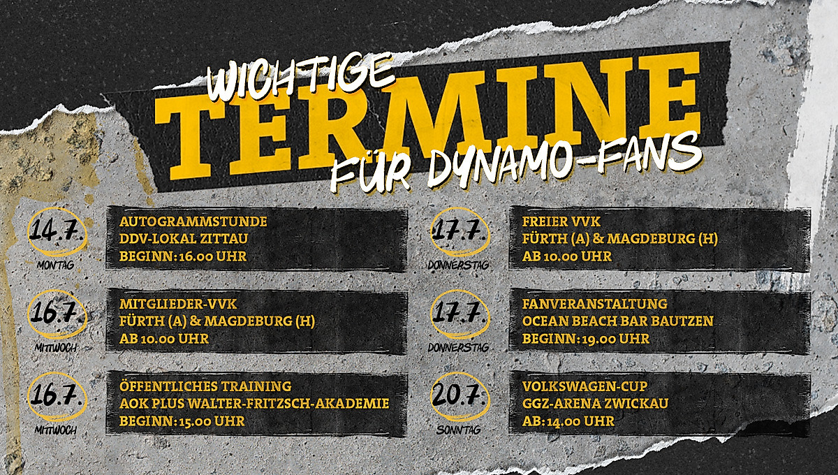Eine Auflistung an Terminen für Dynamo-Fans in der Woche vom 14. Juli 2025 bis 20. Juli 2025.
