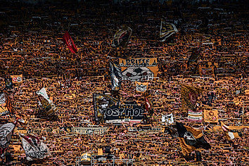 Dynamo-Fans halten Schals und Fahnen nach oben.