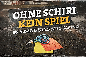 Grafik mit der Aufschrift "Ohne Schiri kein Spiel" - wir suchen euch als Schiedsrichter.