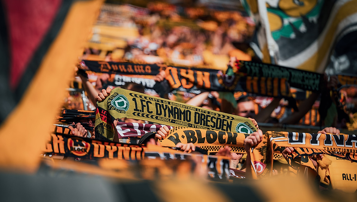 Dynamo-Fans halten Schals und Fahnen nach oben.