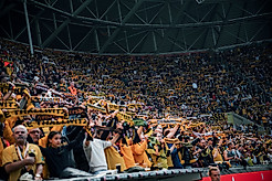 Die Fans der SGD mit erhobenen Schals im Rudolf-Harbig-Stadion.