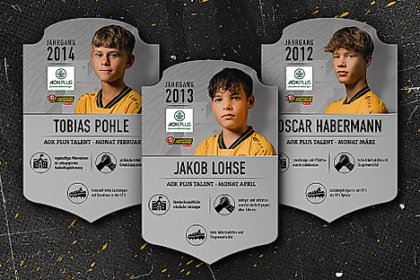 Eine Grafik mit drei Spielerkarten von Nachwuchstalenten.