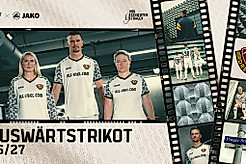 Eine Grafik mit zwei Frauen und einem Mann im Auswärtstrikot der SGD für die Saison 2026/27