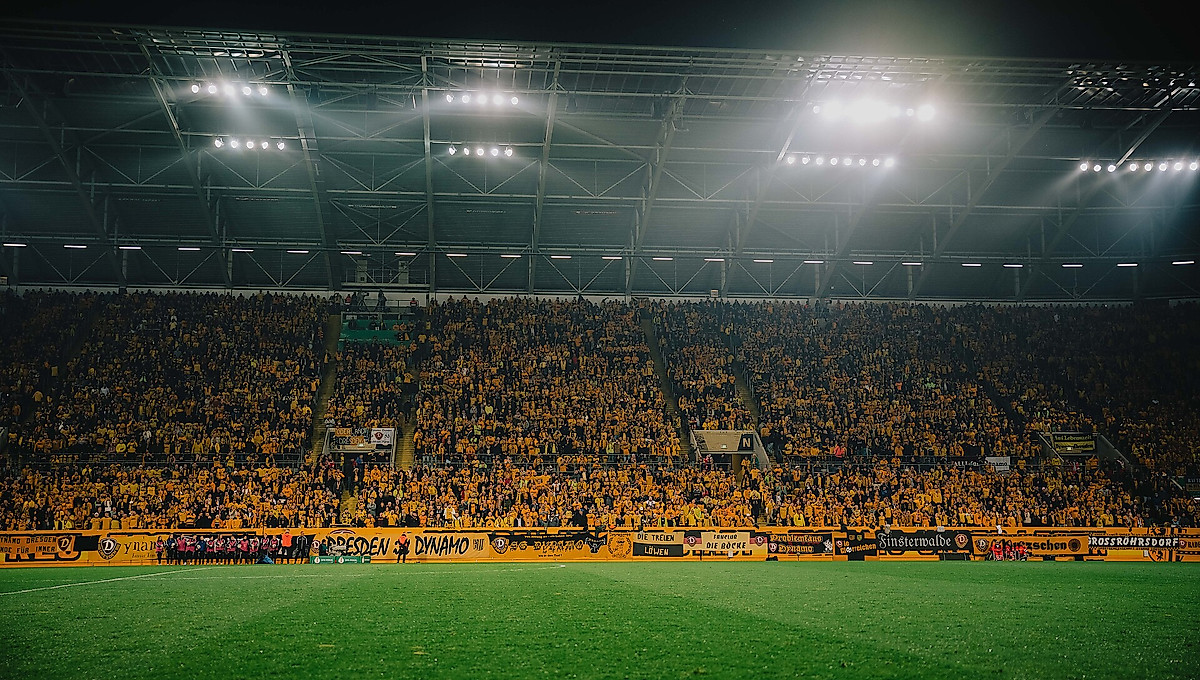 Rasen und besetzte Westtribüne unter Flutlicht im Rudolf-Harbig-Stadion.
