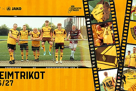 Sechs Männer auf einem Fußballplatz im Dynamotrikot