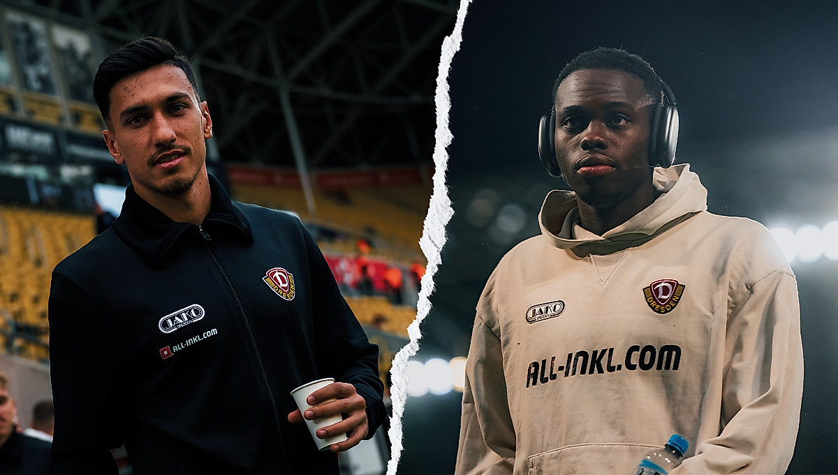 Claudio Kammerknecht und Kofi Amoako vor einem Spiel der SG Dynamo Dresden.