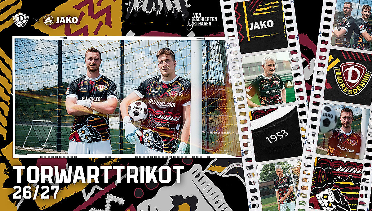 Lennart Grill & Elias Bethke in Dynamos Torwart-Trikot für die Saison 2026/27