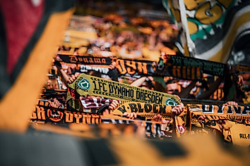 Dynamo-Fans halten Schals und Fahnen nach oben.