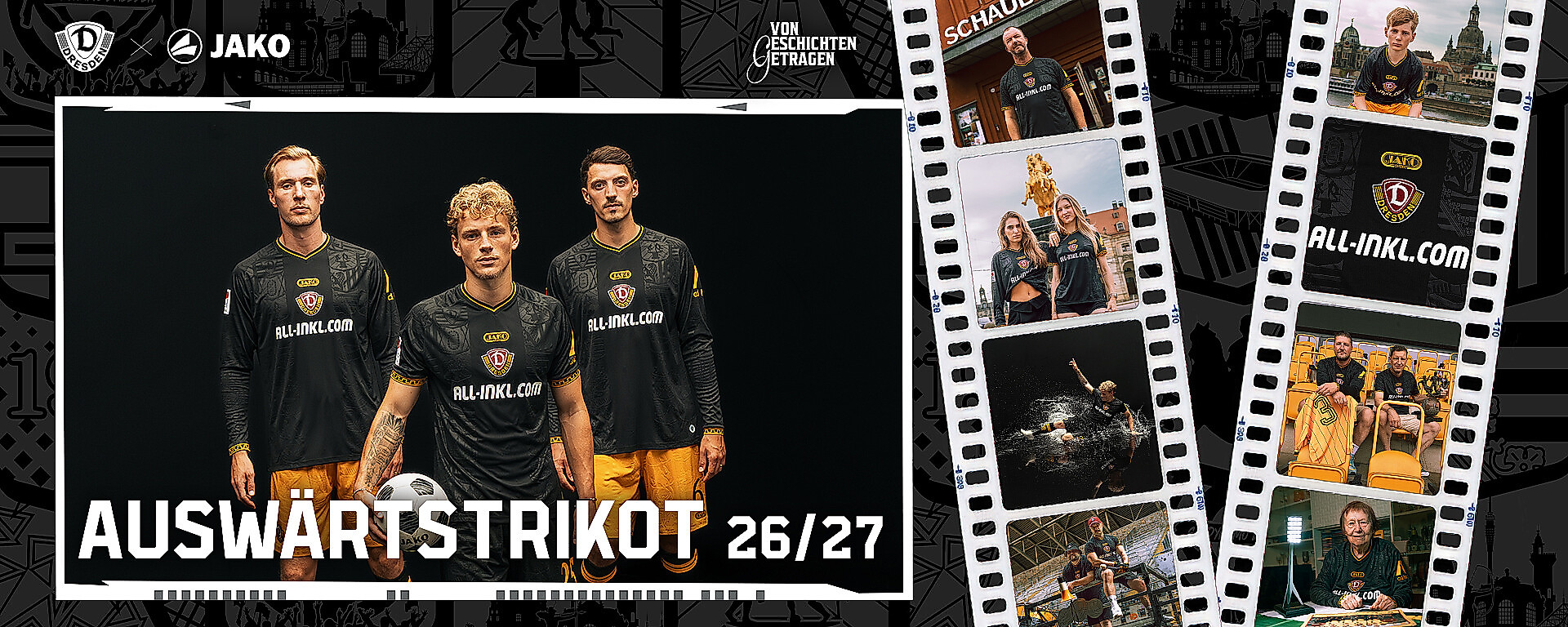 Eine Grafik mit drei Spielern im neuen schwarzen Auswärtstrikot der SGD.