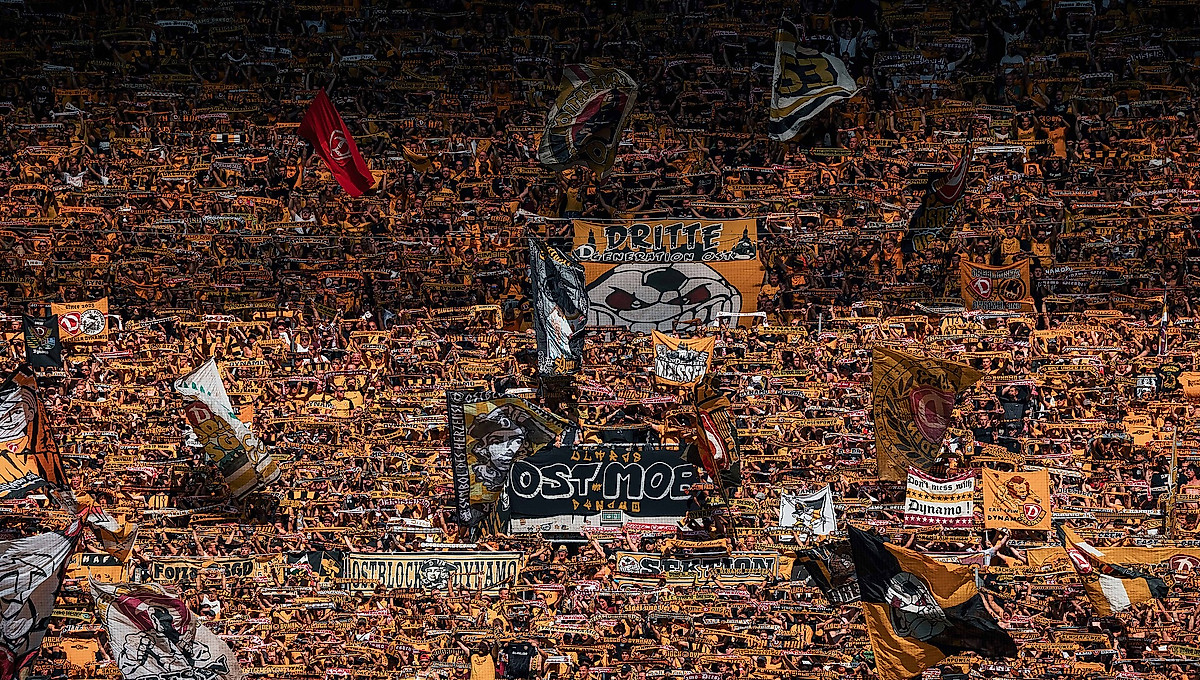Dynamo-Fans halten Schals und Fahnen nach oben.