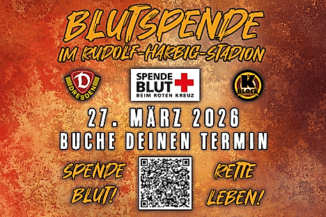 Eine Grafik die zur Blutspende im Rudolf-Harbig-Stadion am 27. März 2026 aufruft.