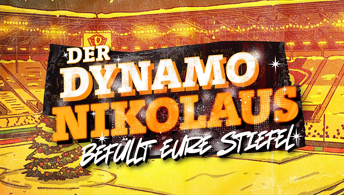 Grafik mit der Aufschrift: Der Dynamo-Nikolaus befüllt Eure Stiefel