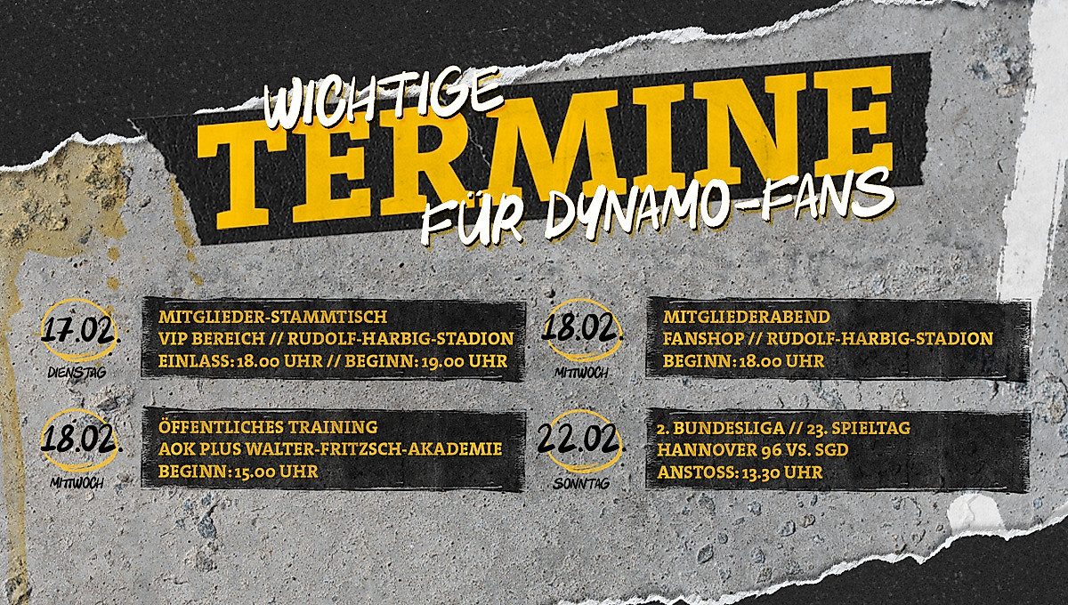 Eine Übersicht mit Terminen für Dynamo-Fans in der Woche vom 16.-22. Februar 2026