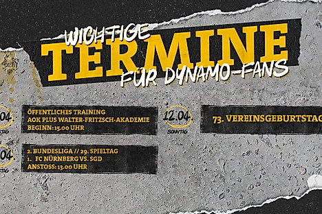 Eine Grafik mit wichtigen Terminen für Dynamo-Fans in der Woche vom 6.-12. April 2026