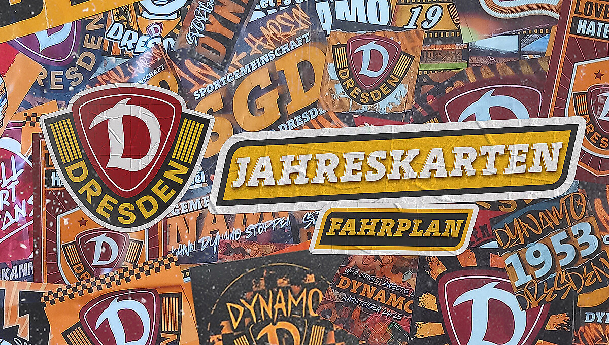 EIne Grafik mit der Aufschrift Jahreskarten-Fahrplan und Dynamo-Aufklebern im Hintergrund