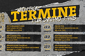 Eine Auflistung an Terminen für Dynamo-Fans in der Woche vom 14. Juli 2025 bis 20. Juli 2025.