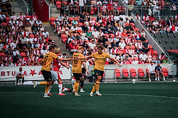 Friedrich Müller und Nils Fröling klatschen nach einem Treffer miteinander ab.