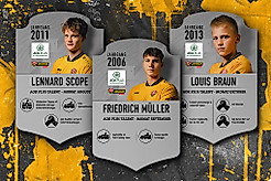 Eine Grafik mit den Nachwuchsspielern der Monate Augsut, September und Oktober - Lennard Scope, Friedrich Müller und Louis Braun.
