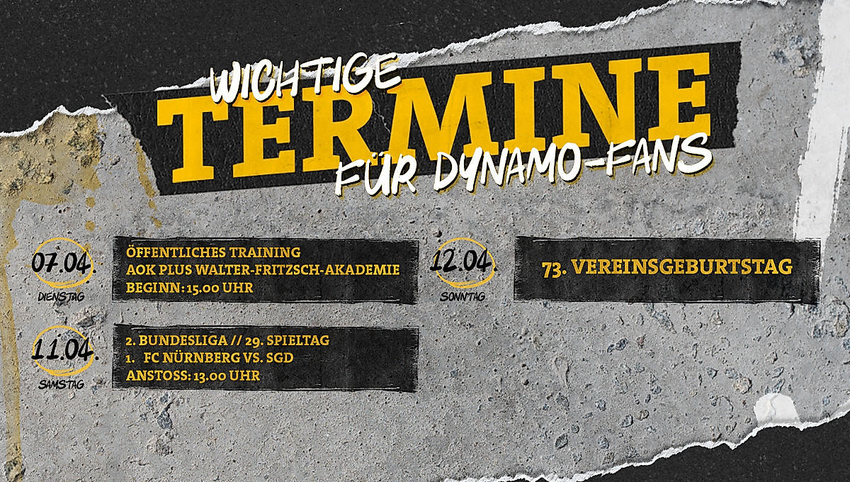 Eine Grafik mit wichtigen Terminen für Dynamo-Fans in der Woche vom 6.-12. April 2026