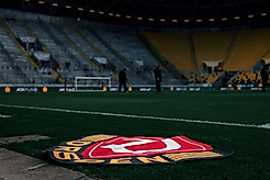 Das Wappen der SGD als Teppich am Spielfeldrand des Rudolf-Harbig-Stadions.
