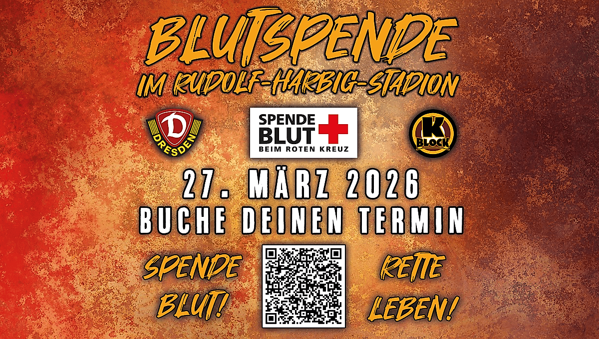 Eine Grafik die zur Blutspende im Rudolf-Harbig-Stadion am 27. März 2026 aufruft.