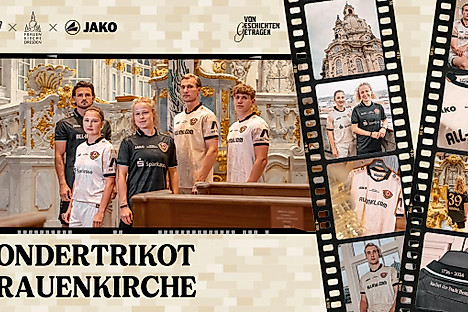 Eine Grafik, die das Sondertrikot von Dynamo Dresden und Frauenkirche in verschiedenen Facetten zeigt.