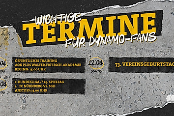 Eine Grafik mit wichtigen Terminen für Dynamo-Fans in der Woche vom 6.-12. April 2026