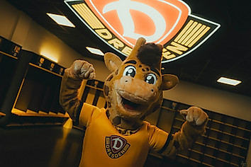 Eine Giraffen-Maskottchen steht in der Kabine von Dynamo.