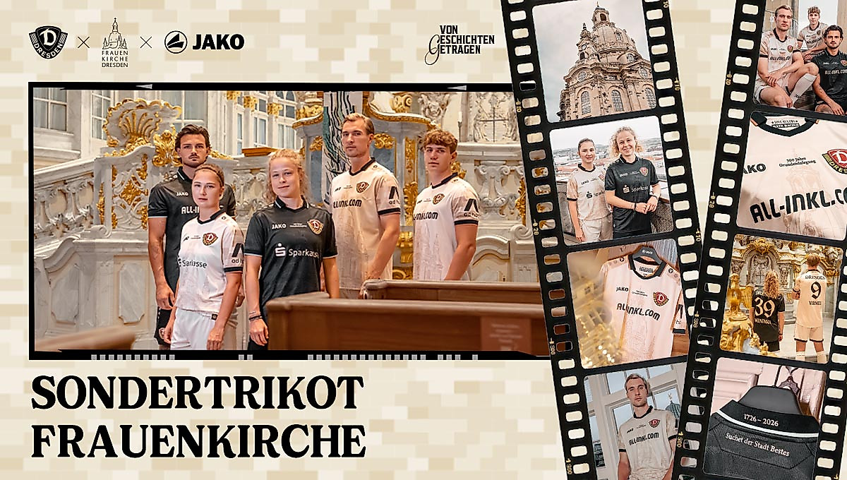 Eine Grafik, die das Sondertrikot von Dynamo Dresden und Frauenkirche in verschiedenen Facetten zeigt.
