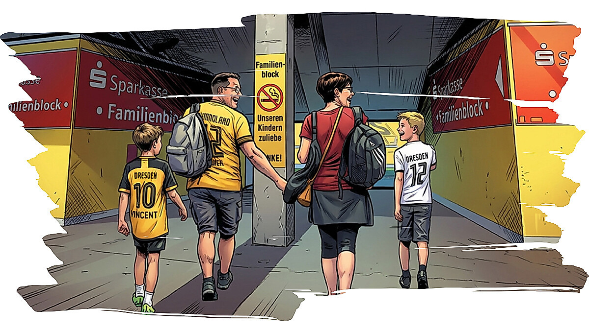 Cartoon einer Familie auf dem Weg ins Stadion