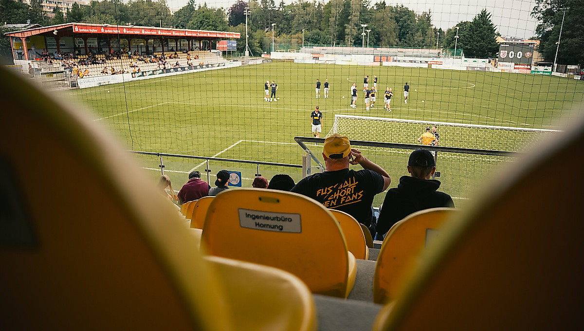 Der Blick von der Tribüne der Arena zur Vogtlandweide in Auerbach auf das Spielfeld.