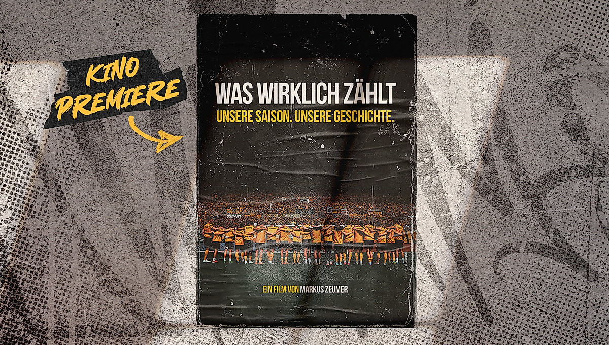 Filmplakat des Aufstiegsfilms Was wirklich zählt. Darauf abgebildet die Mannschaft mit dem Rücken zur Kamera vor dem Block.