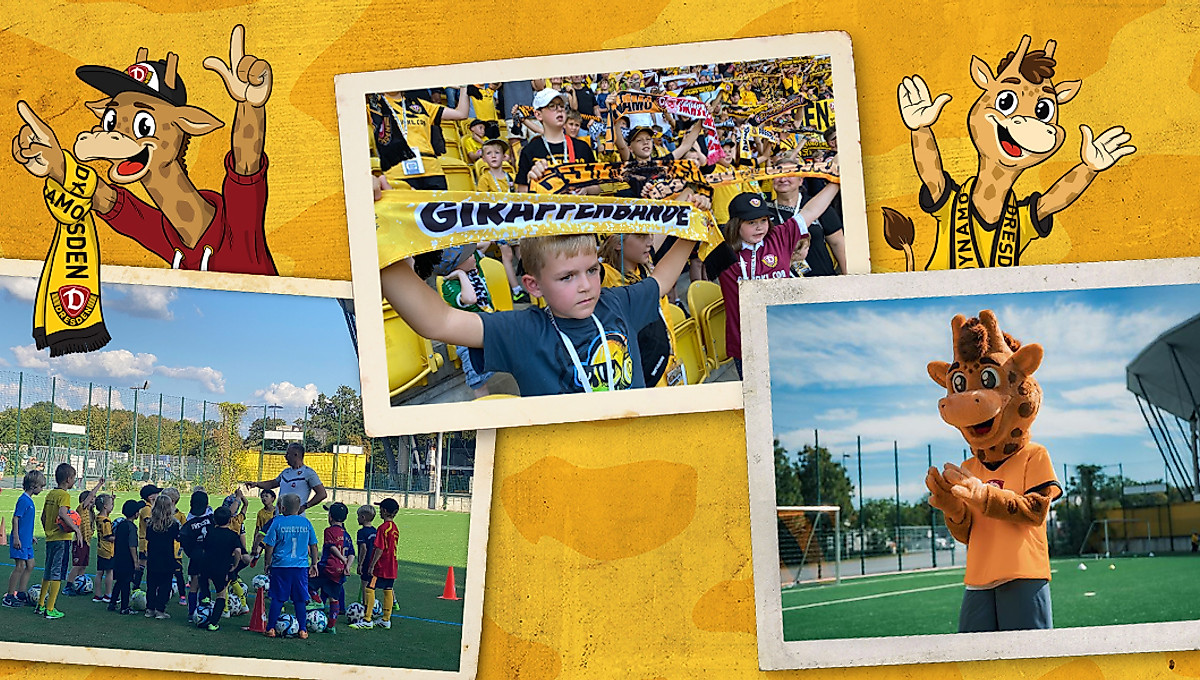 Eine Foto-Collage, die das Maskottchen der Giraffenbande, Kinder beim Fußballtraining sowie beim Stadionbesuch zeigt.