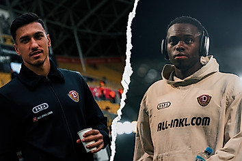 Claudio Kammerknecht und Kofi Amoako vor einem Spiel der SG Dynamo Dresden.