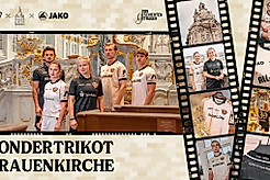 Eine Grafik, die das Sondertrikot von Dynamo Dresden und Frauenkirche in verschiedenen Facetten zeigt.