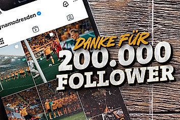 Dynamos Instagram-Account auf einem Smartphone geöffnet. Darüber die Aufschrift: "Danke für 200.000 Follower."